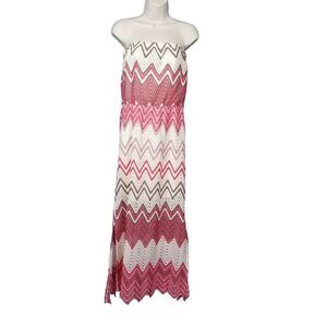 PaulnKC Pink Off White Pull On Boho Strapless Chevron Print Maxi Dress Medium